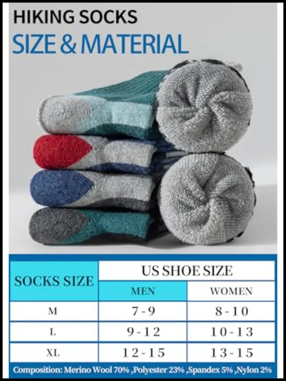 Men's Merino Wool Crew Socks, 5 Pack Hiking Boot Socks, Moisture Wicking,